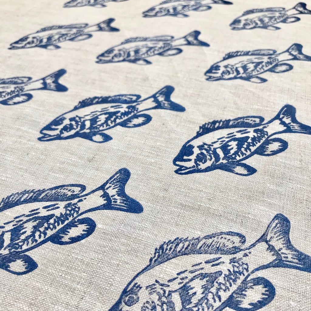 Navy Fish on Oatmeal Linen Tea Towel